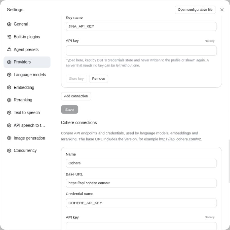 A Cohere connection and credential reference in DSH settings