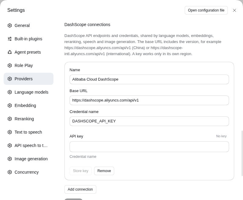 DashScope connection settings in DSH
